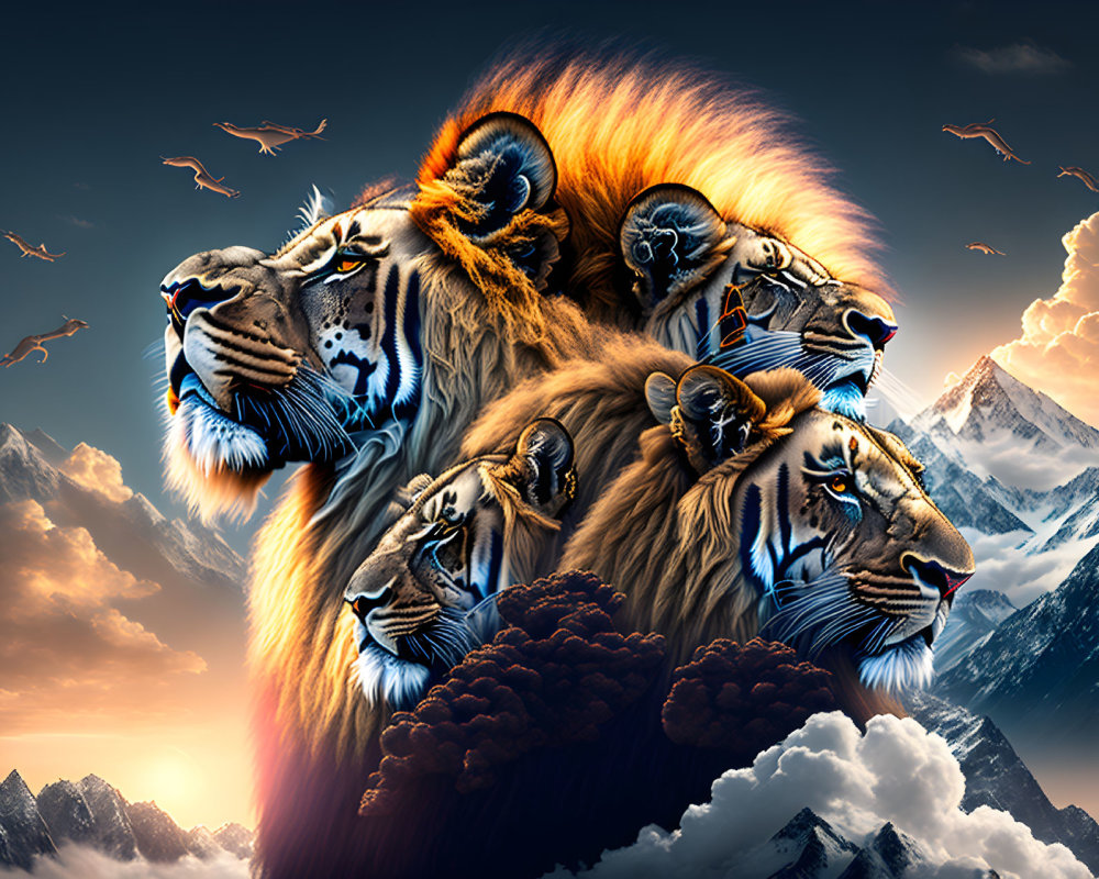Surreal digital artwork: Lion heads in mountainscape with dramatic sky