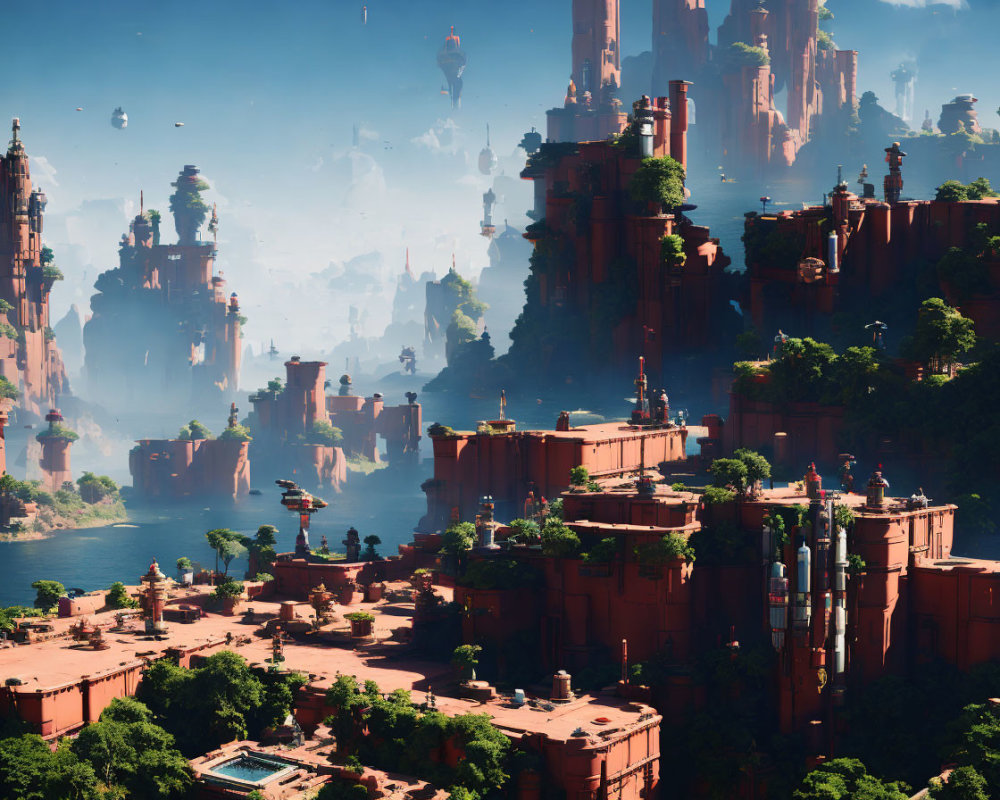 Futuristic cityscape with red-rock towers and floating islands