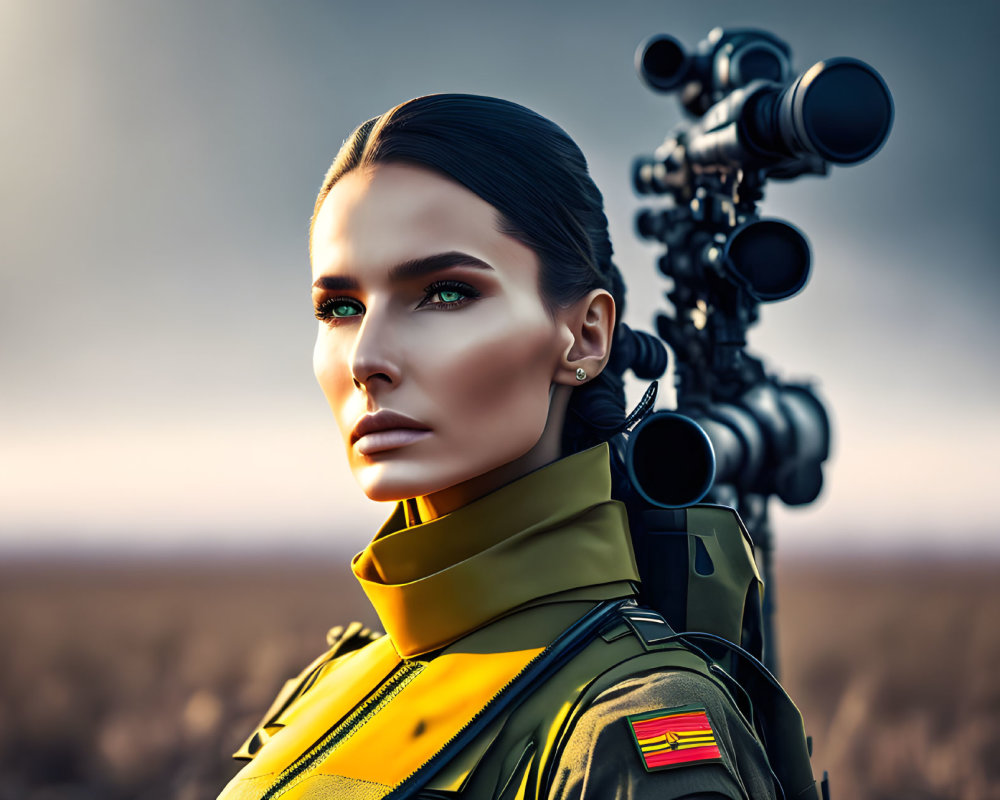 Digital art portrait of woman in military attire with sniper rifle, sleek hair, sharp features.
