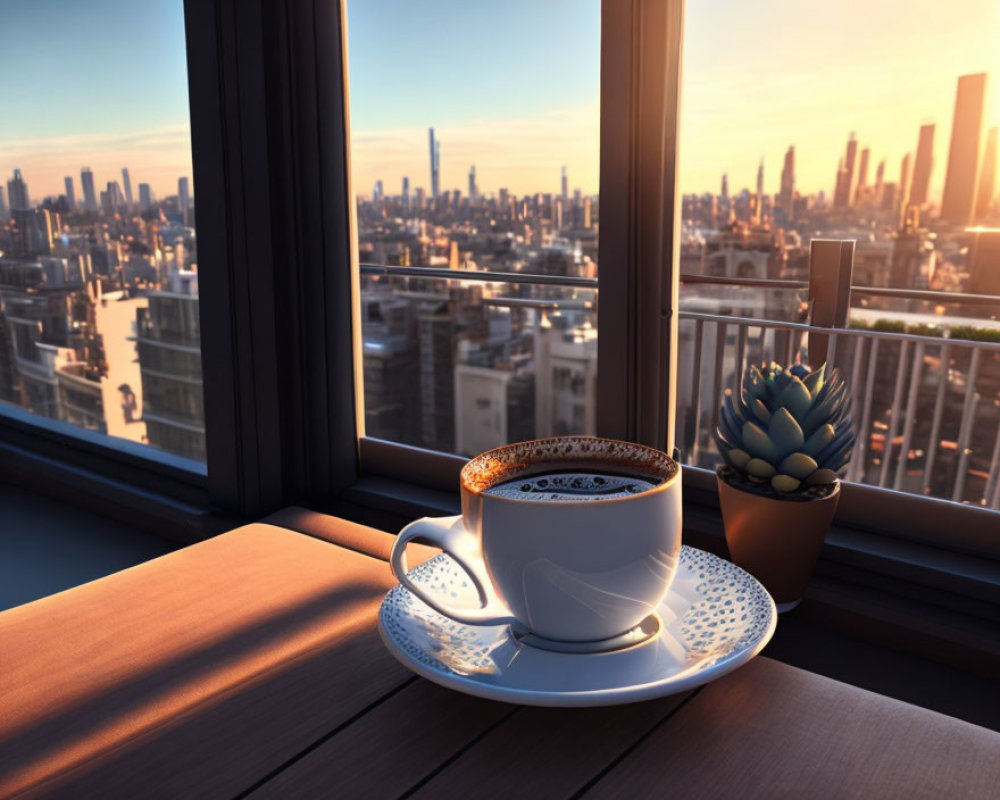 Coffee Cup on Saucer Overlooking City Skyline at Sunrise