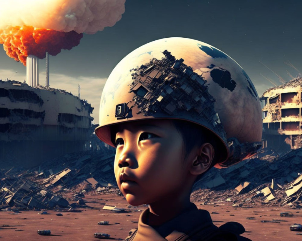 Child in reflective helmet in front of destroyed cityscape and mushroom cloud.