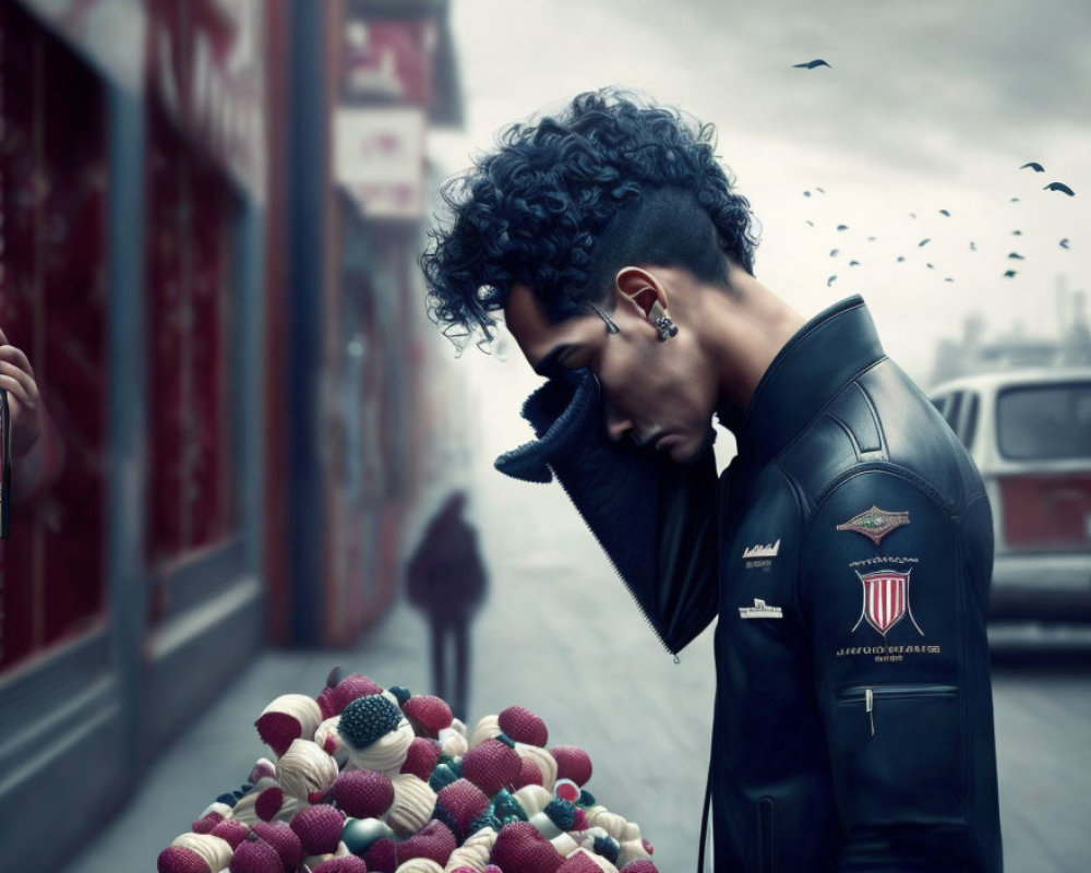 Curly-Haired Man in Leather Jacket by Colorful Textile Display