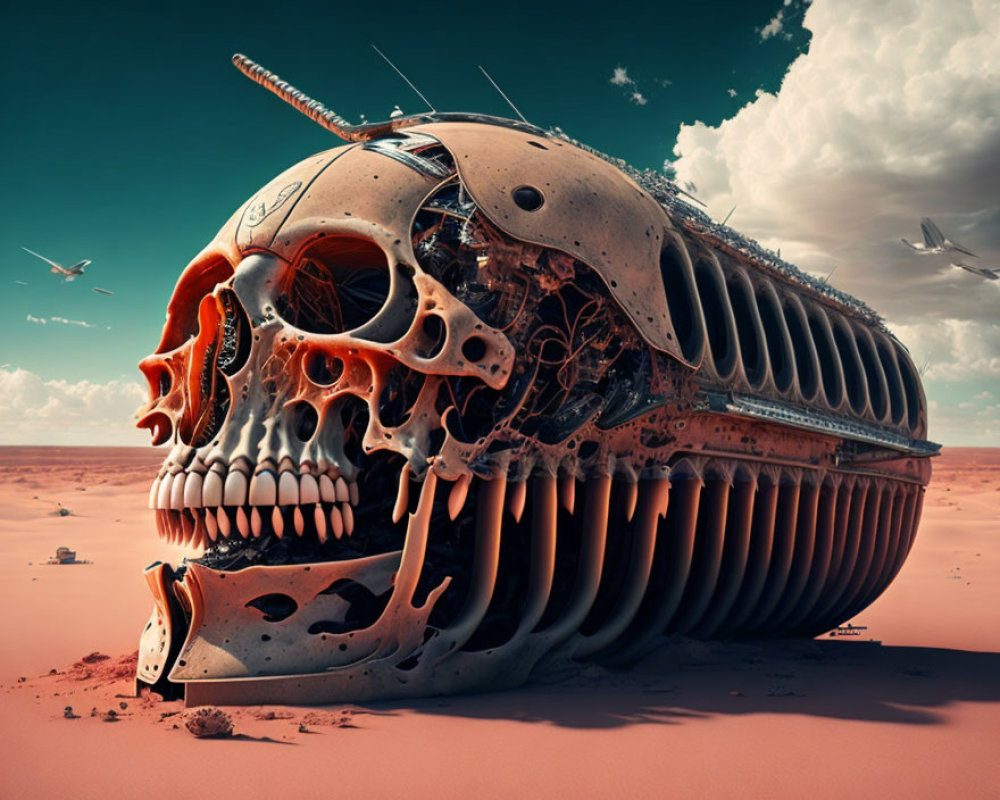 Surreal desert landscape with colossal skull and mechanical elements