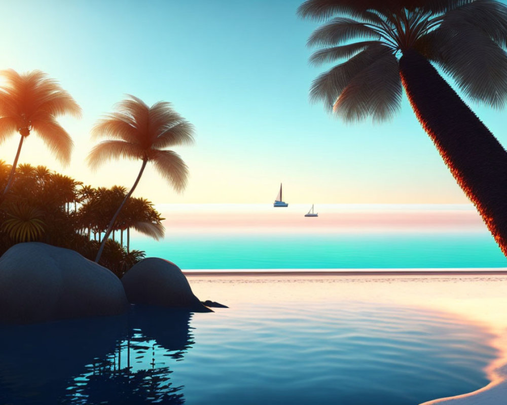 Serene sunset beach with palm trees, sailboats, and colorful sky