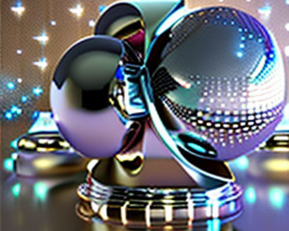 Reflective disco ball and metal head sculpture in sparkling light backdrop