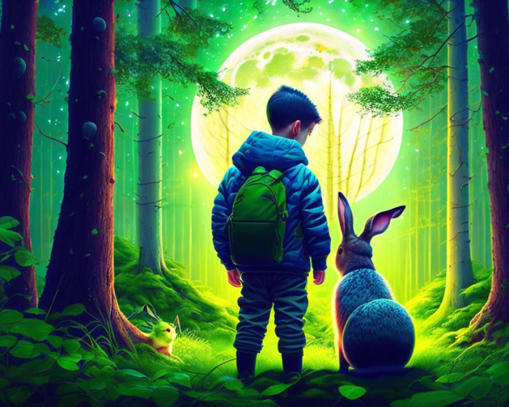 Child with backpack in vibrant forest with large rabbit, moon, and fox
