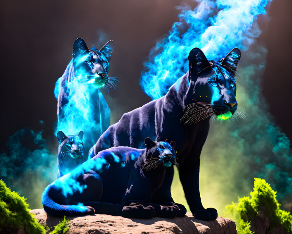 Three black panthers with glowing blue outlines on a rock in a mystical setting.