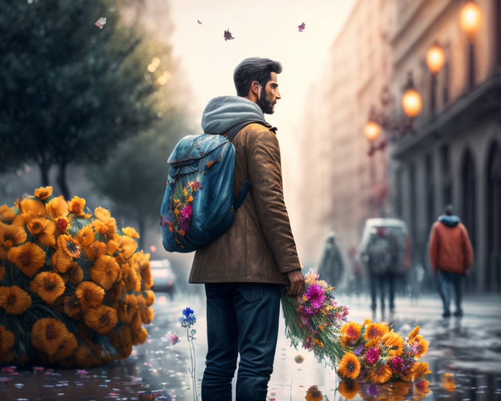 Man with backpack in autumn cityscape with vibrant flowers and falling leaves