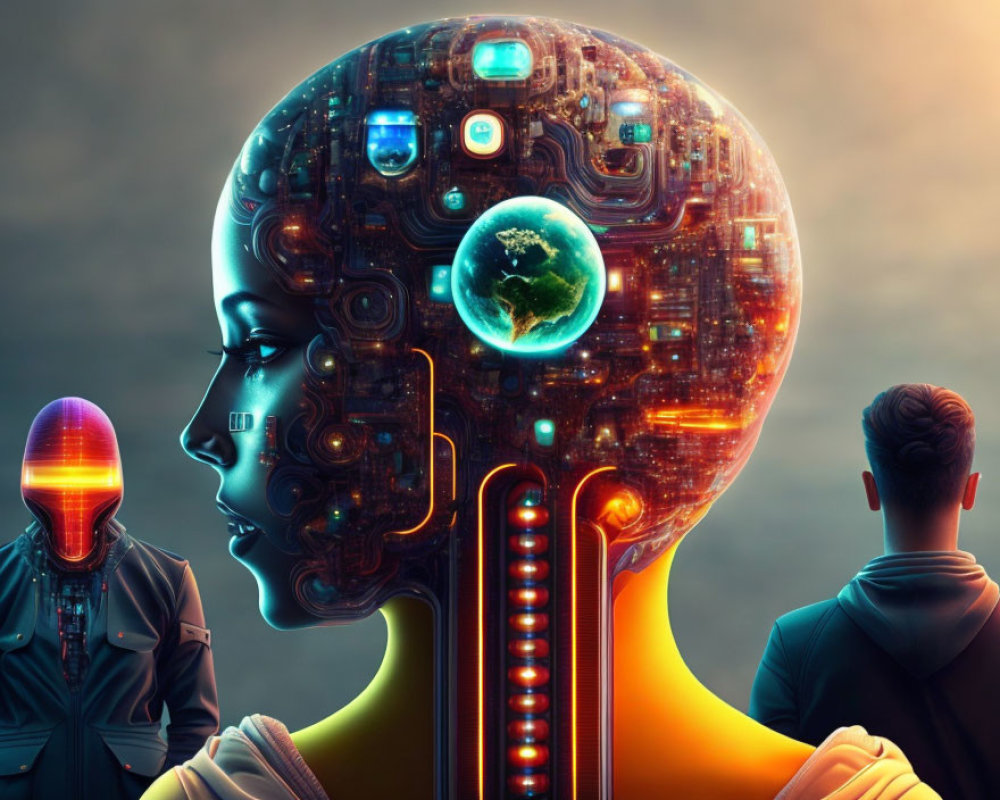 Digital art: humanoid head with circuitry, glowing earth, and silhouetted figures