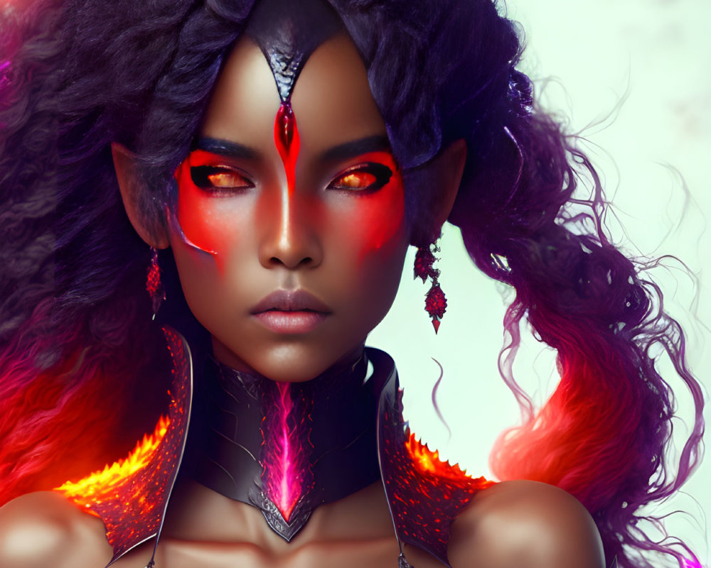 Fantasy illustration of woman with red glowing eyes and fiery magical elements
