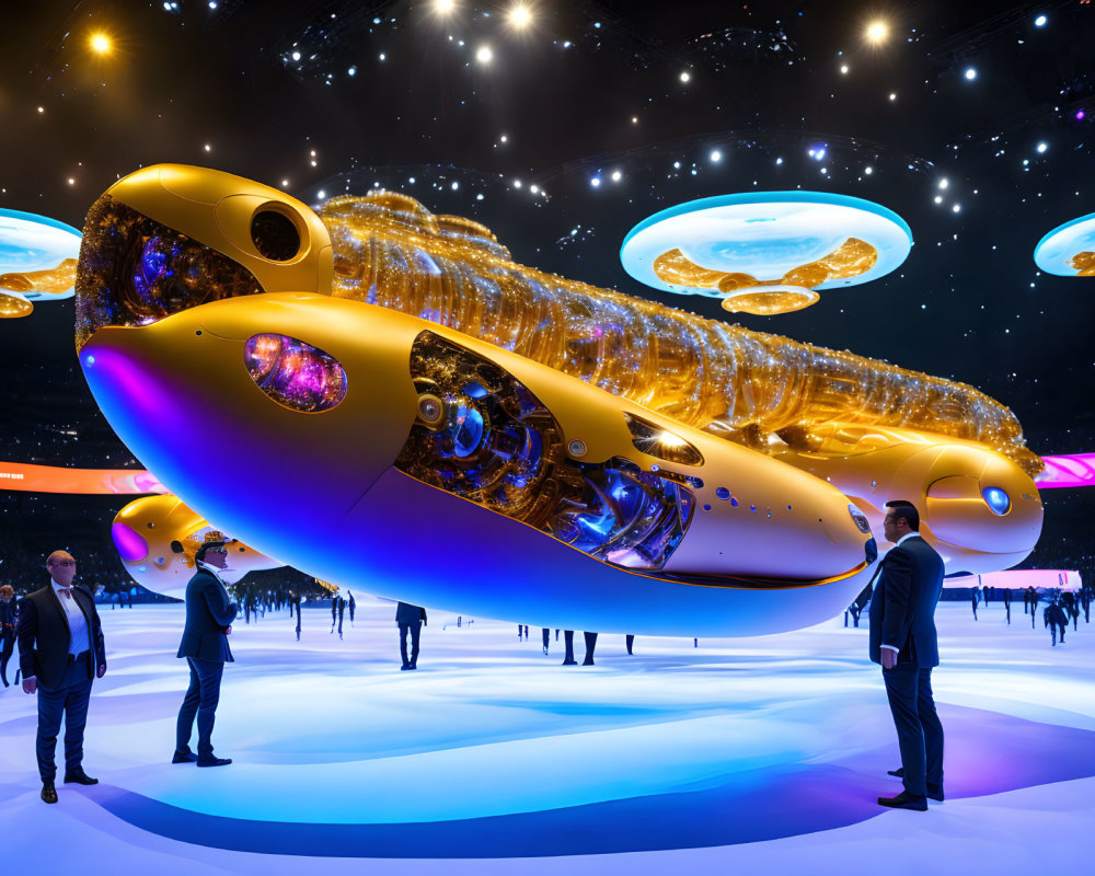 Futuristic exhibition featuring golden spacecraft and starry backdrop