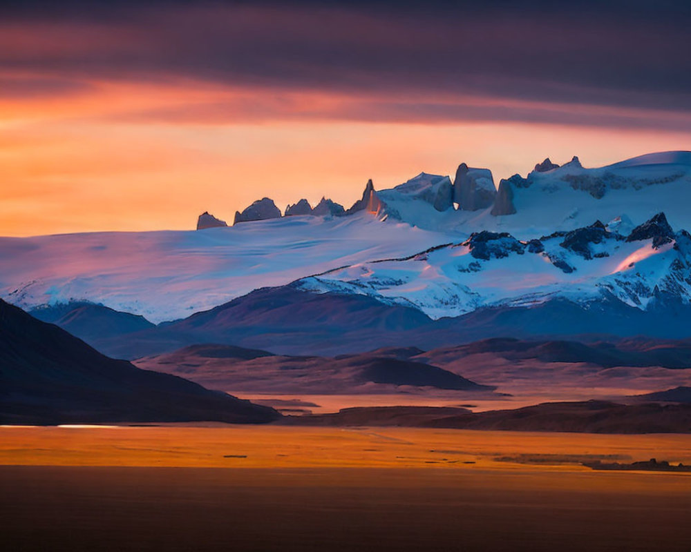 Scenic sunrise over mountain landscape with orange and purple skies