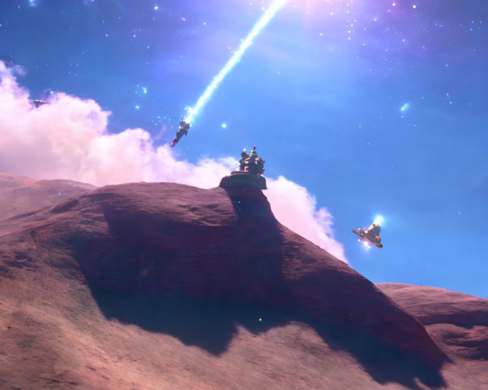 Glowing meteor in starry sky over rocky terrain with mysterious structures