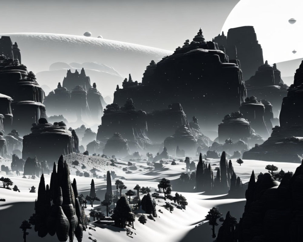 Monochrome alien landscape with towering rock formations and celestial bodies