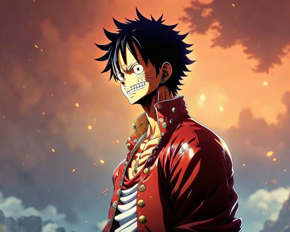 Animated character with black spiky hair, red coat, scar under left eye, and shocked expression