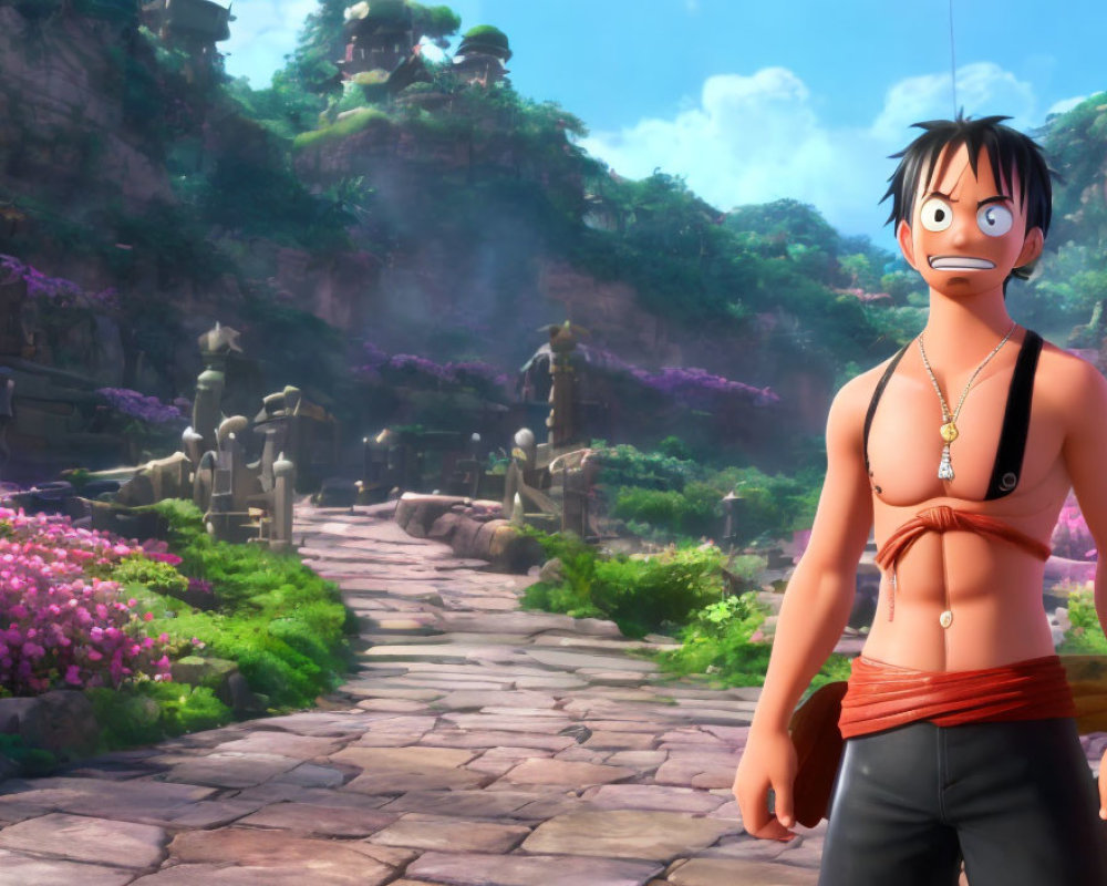 Surprised animated character in vibrant forest with ruins and pink flowers