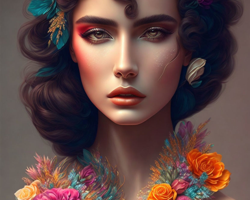 Vibrant makeup and colorful flowers adorn mystical woman.