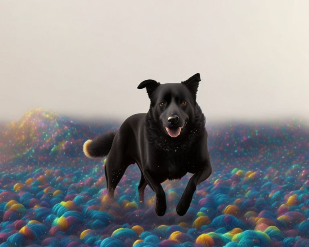 Happy black dog on colorful textured surface