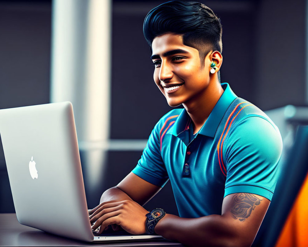 Young man smiling with styled hair working on laptop at desk in blue polo, earpiece, and wrist