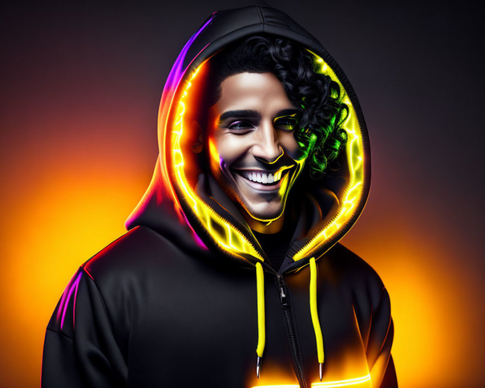 Digital artwork: Smiling man with neon outline in hoodie on orange background