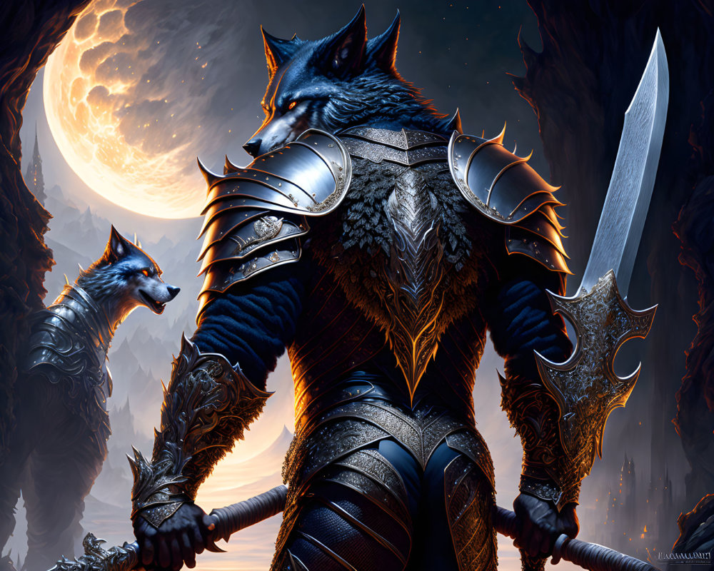 Armored werewolf warrior with sword under full moon and castle silhouette