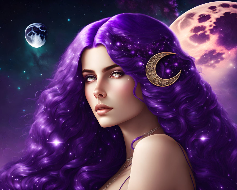 Digital artwork of woman with purple hair and eyes, crescent moon decoration, in space with two moons