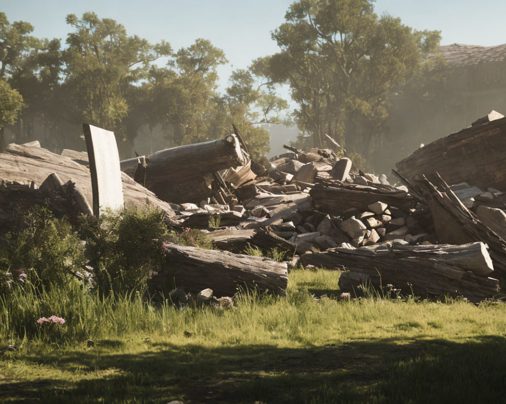 Collapsed wooden structure in overgrown grass under misty sky.