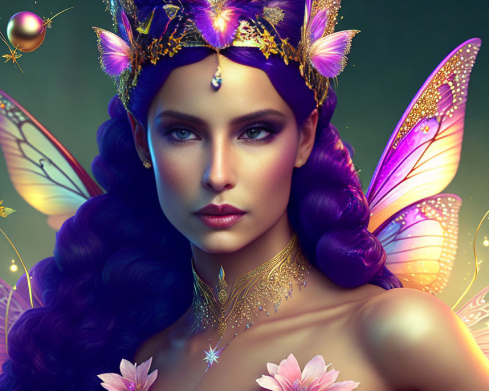 Digital artwork of woman with butterfly wings, golden crown, and detailed makeup on dark background