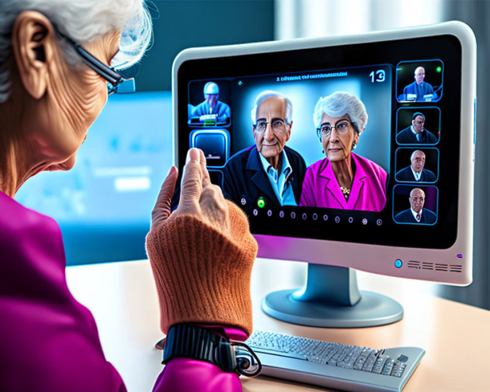 Elderly woman on tablet in virtual group video call