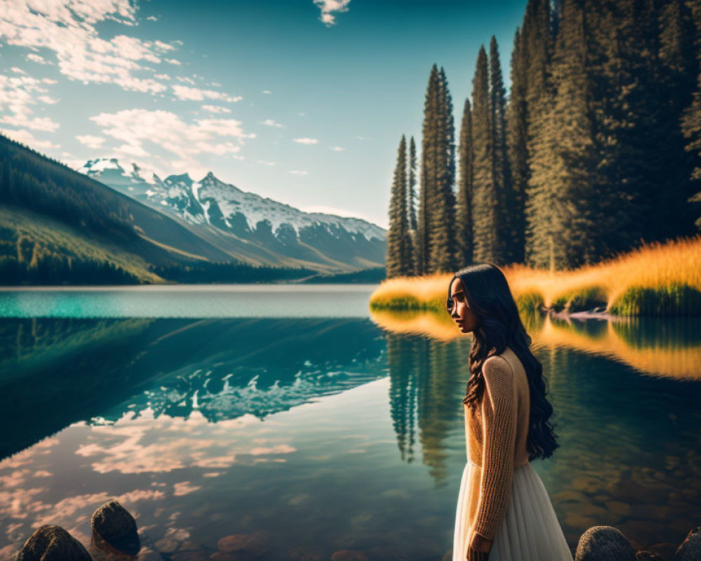 Woman in dress by serene mountain lake at sunset
