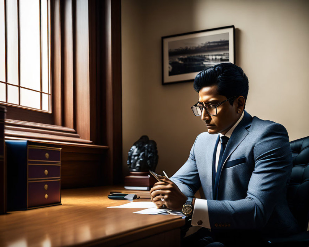 Businessman in Blue Suit Writing at Desk with Window and Bookshelf