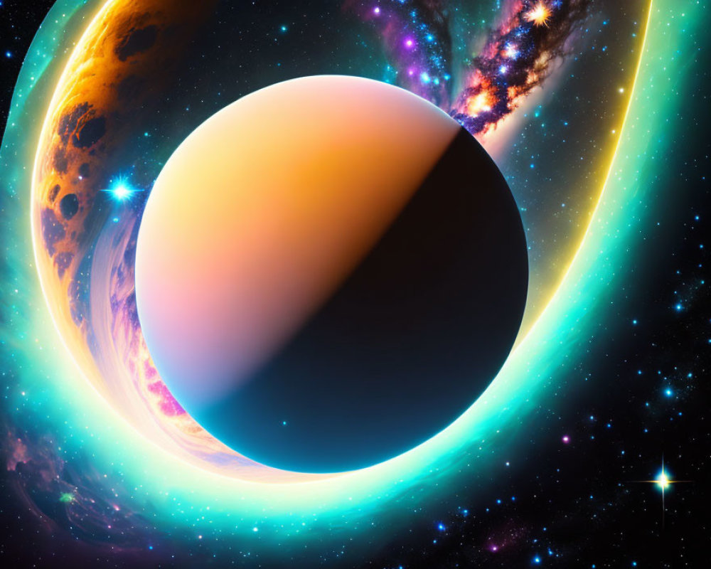 Vibrant digital art: Space scene with large planet, starry nebula, celestial bodies