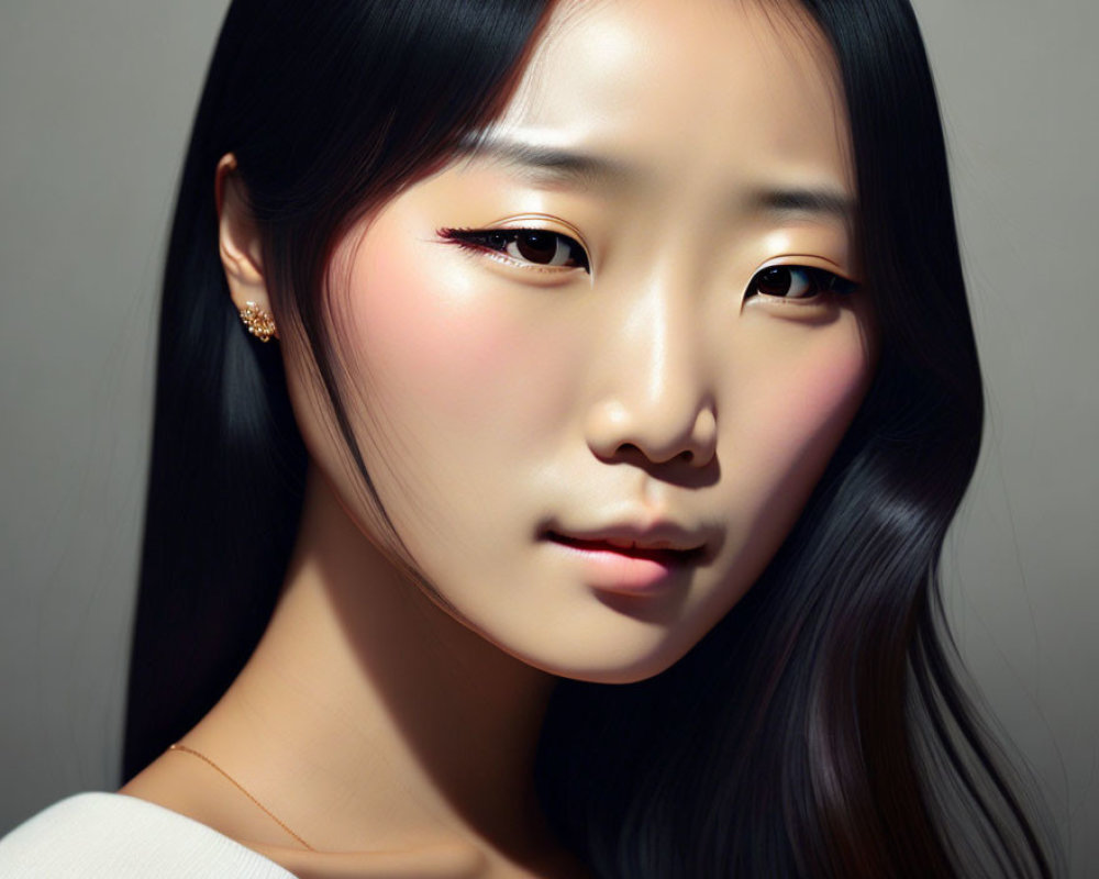 Portrait of a woman with fair skin and dark hair on grey background