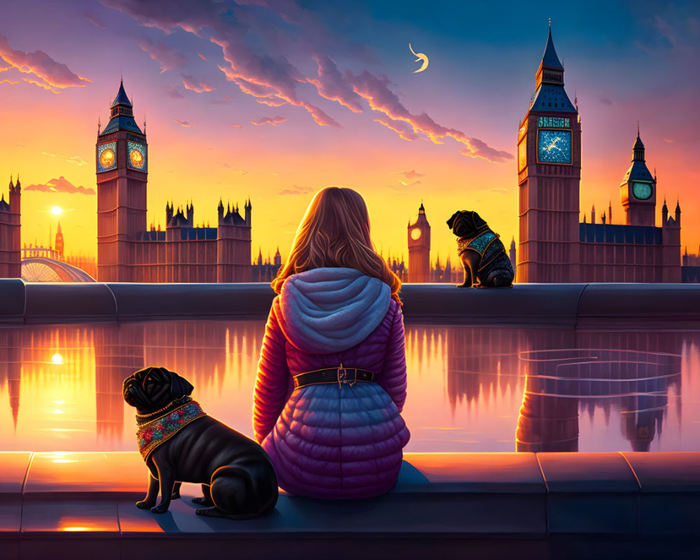 Woman and two dogs admire sunset over river with Big Ben and Parliament silhouetted.