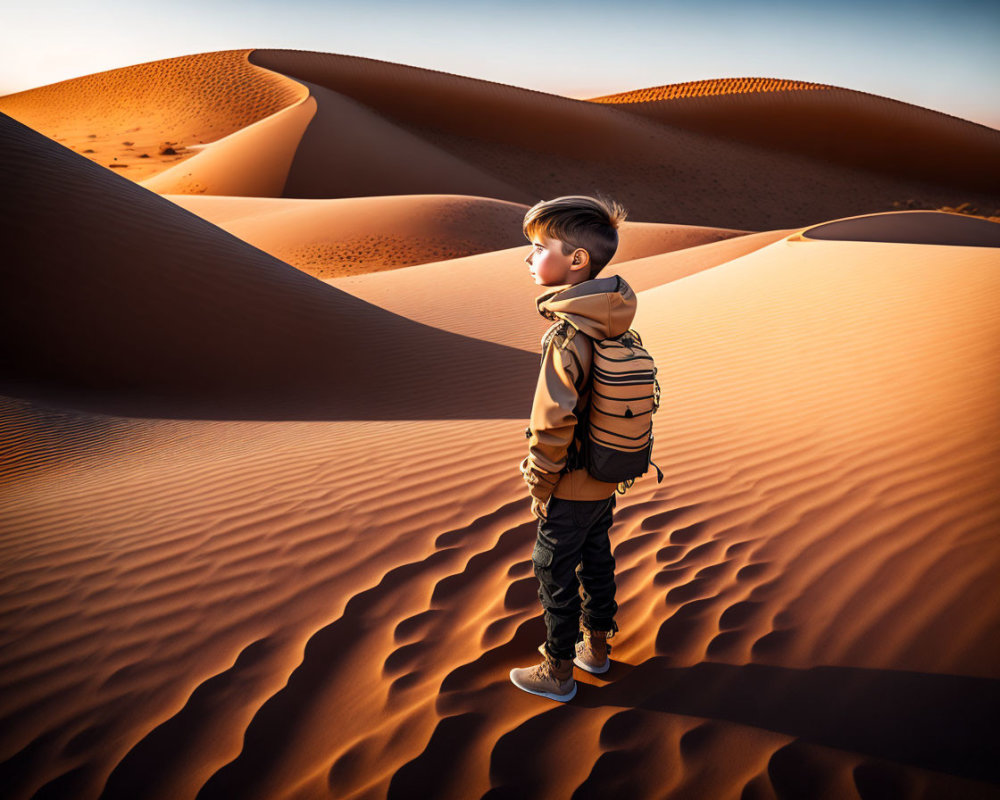 Child Standing on Desert Dune Under Warm Glowing Sky