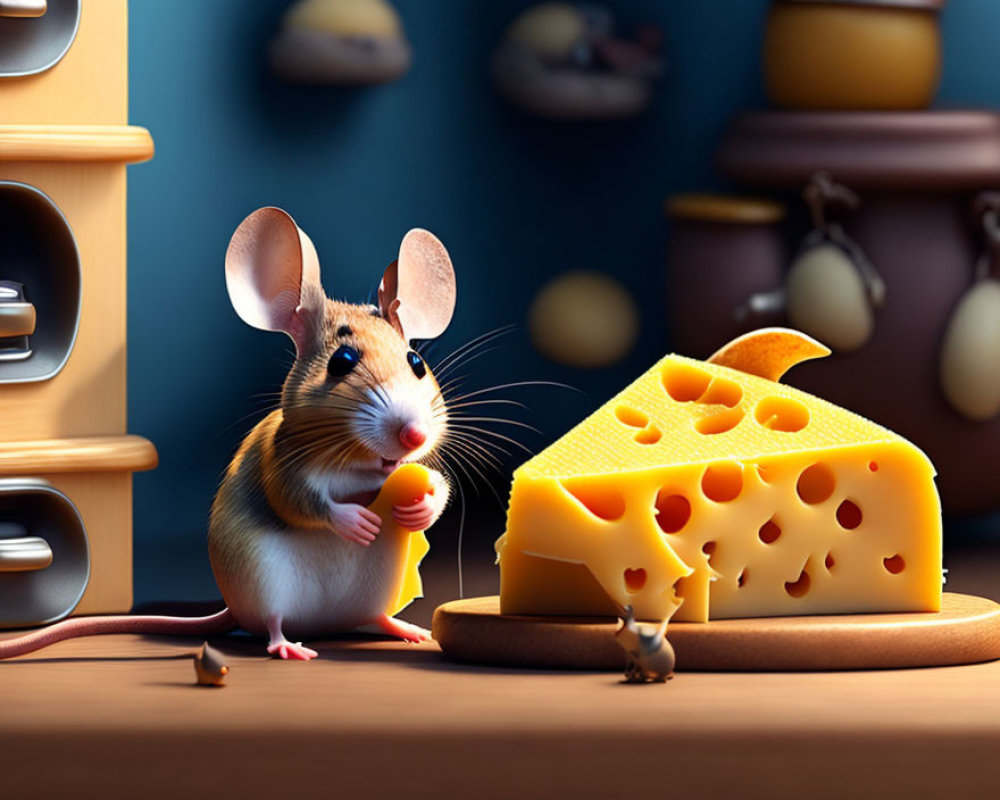 Curious cartoon mouse with large ears and cheese in kitchen setting