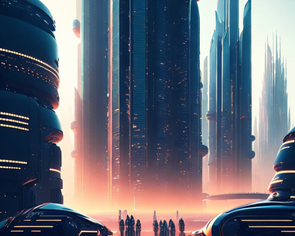 Futuristic cityscape with group of figures and sleek vehicles
