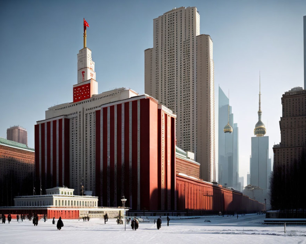 Red and White Building with Clock Tower Surrounded by Skyscrapers and Pedestrians in City