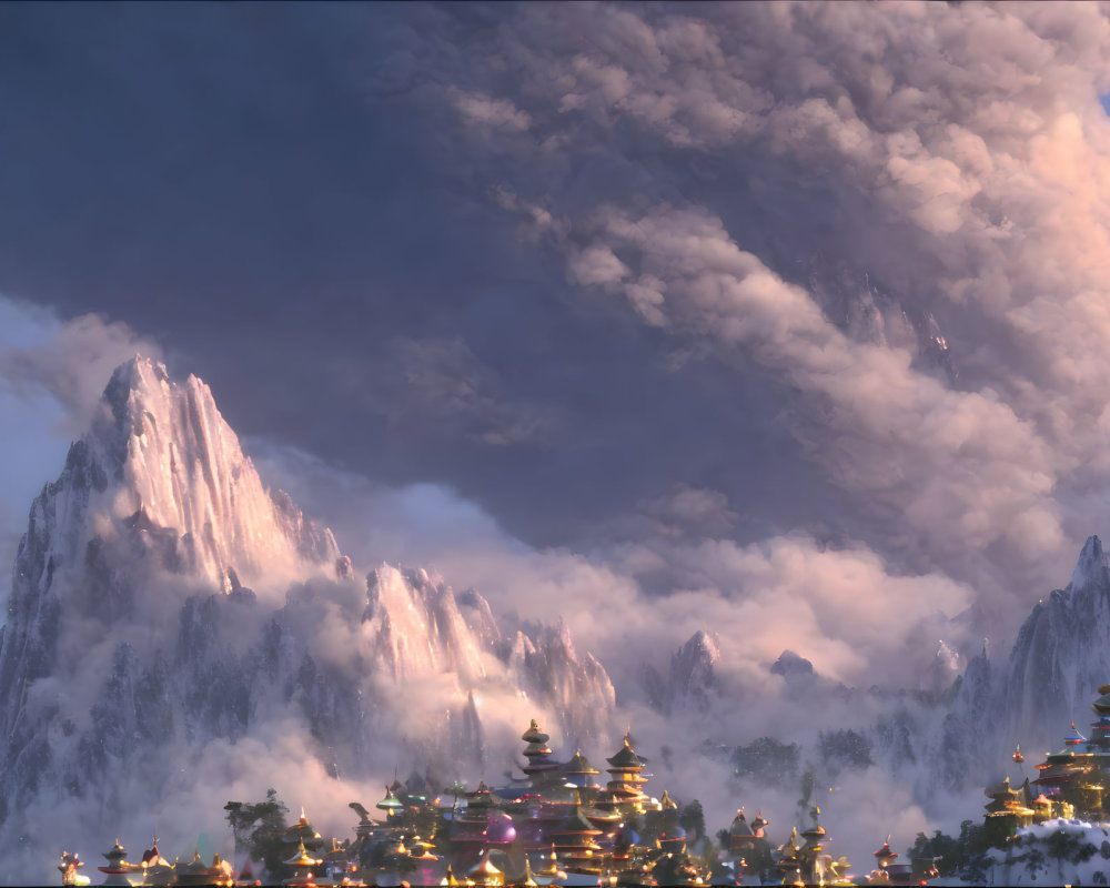 Snow-capped mountains with oriental pagodas in dramatic dusk sky