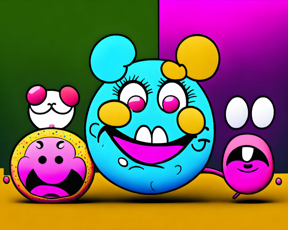 Whimsical smiling characters in colorful cartoon against split green and purple background