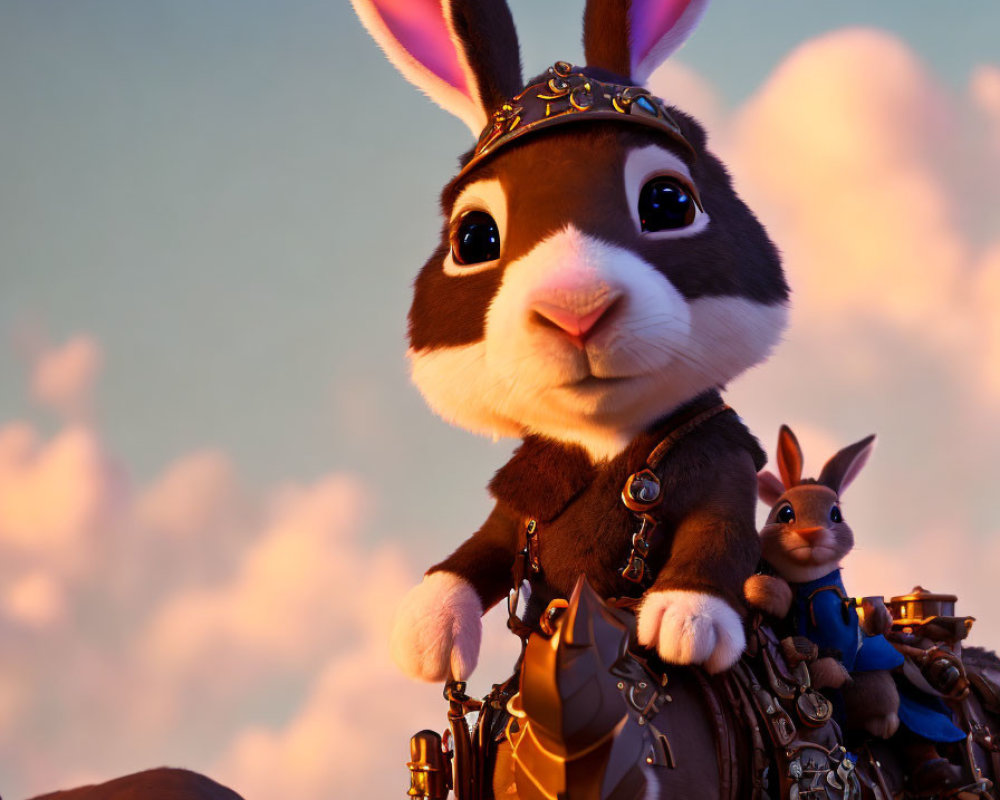 CGI-rendered image: Large rabbit in medieval attire with small rabbit on back, against dusk sky