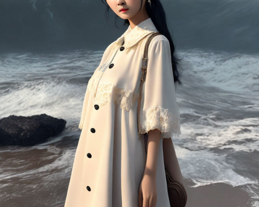 Woman in Cream Dress on Beach at Sunset with Waves