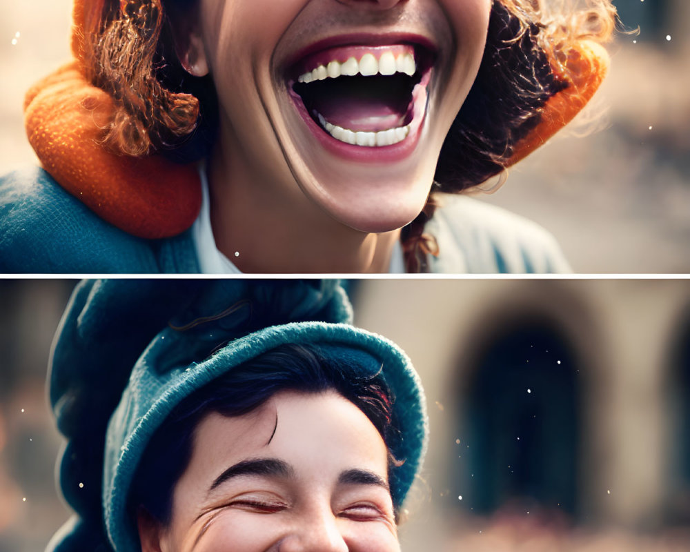 Person in beret laughing heartily with two expressions: wide smile and closed-mouth grin