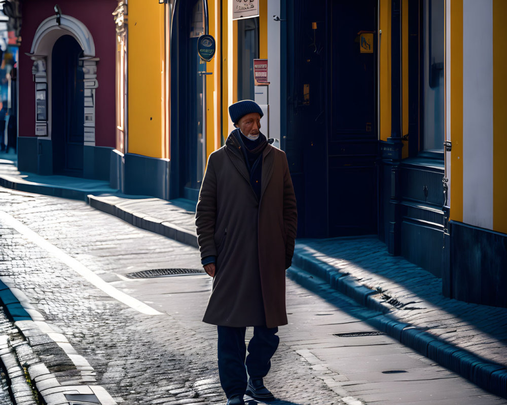 Man in coat and beanie strolling on cobblestone street with colorful buildings