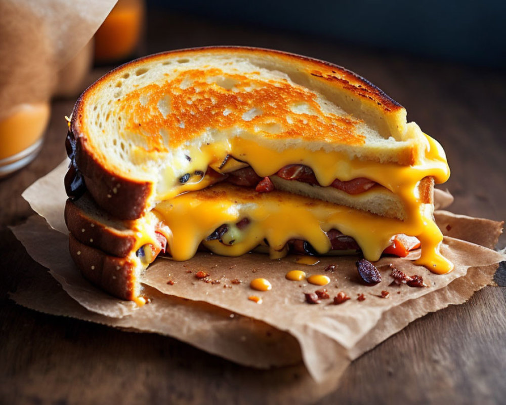 Cheese sandwich with melted cheese on paper, glass of beverage in background