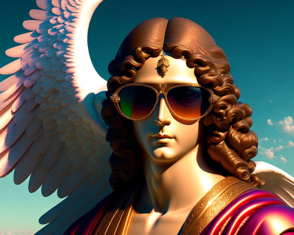 Figure with Curly Hair, Sunglasses, Jewel, White Wings in 3D Illustration