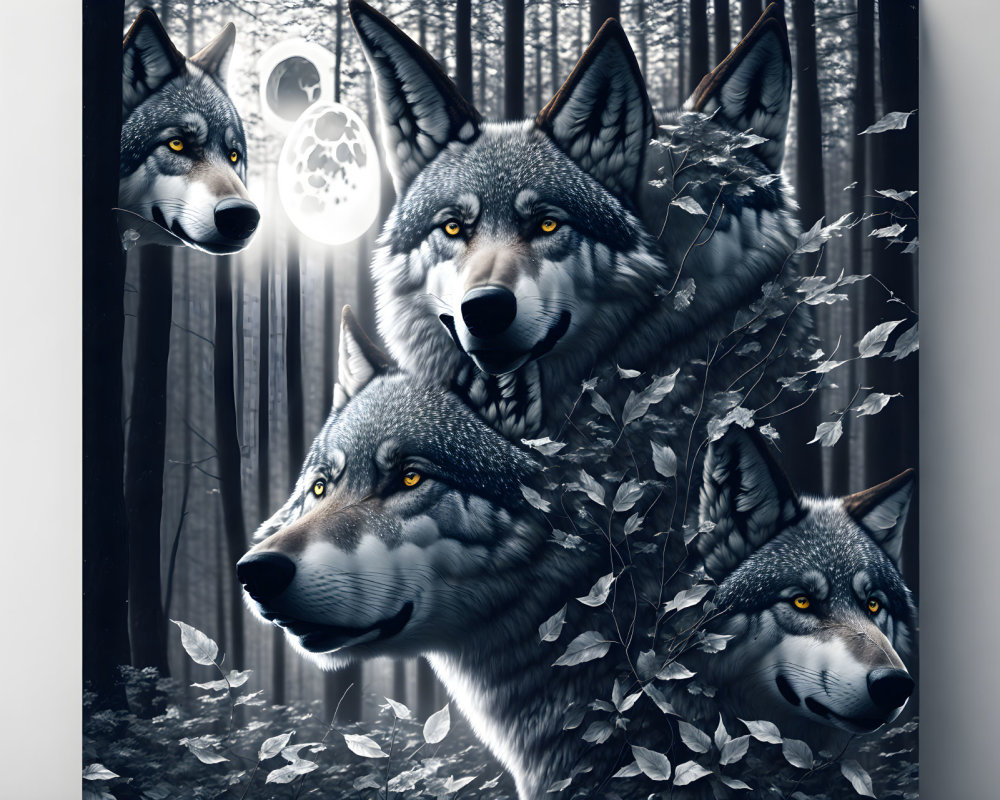 Hyper-realistic digital artwork of four wolves in forest setting with full moon.