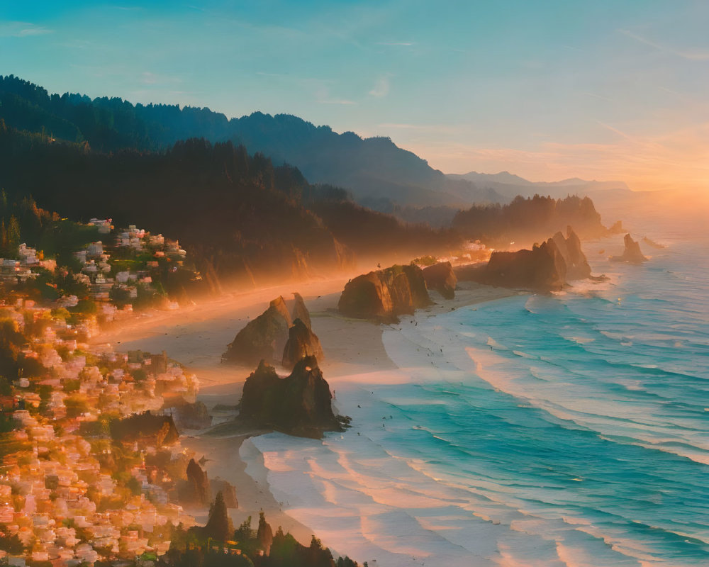 Scenic Coastal Town Sunset with Orange Reflections
