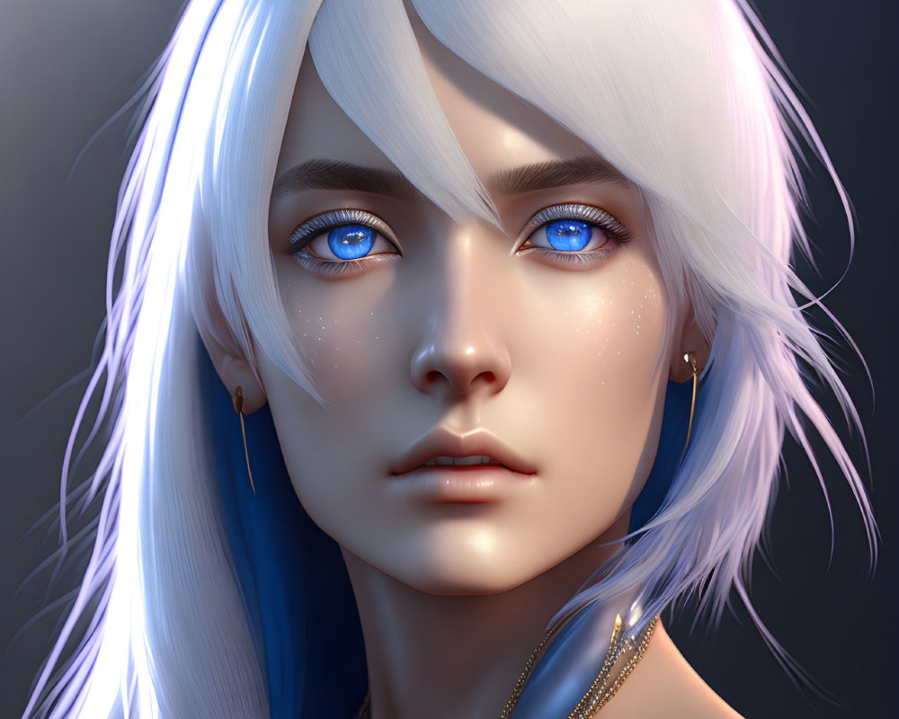 Portrait of person with blue eyes, blonde hair, and jewelry under soft light