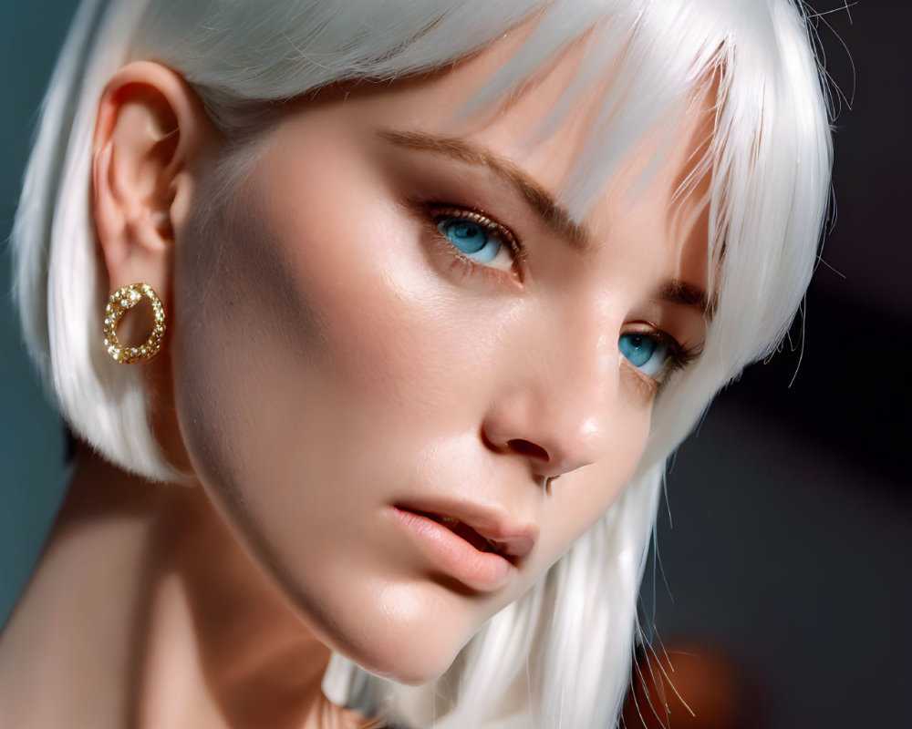 Portrait of a person with blue eyes, white hair, nose ring, and gold earrings in sunlight.
